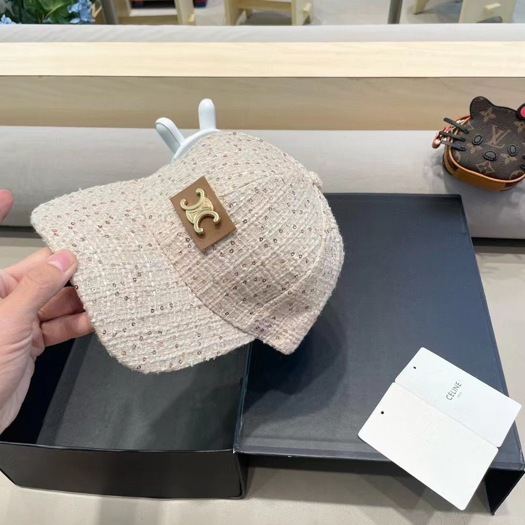 Celine Logo Beige Sparkle Texture Cap - Image 6