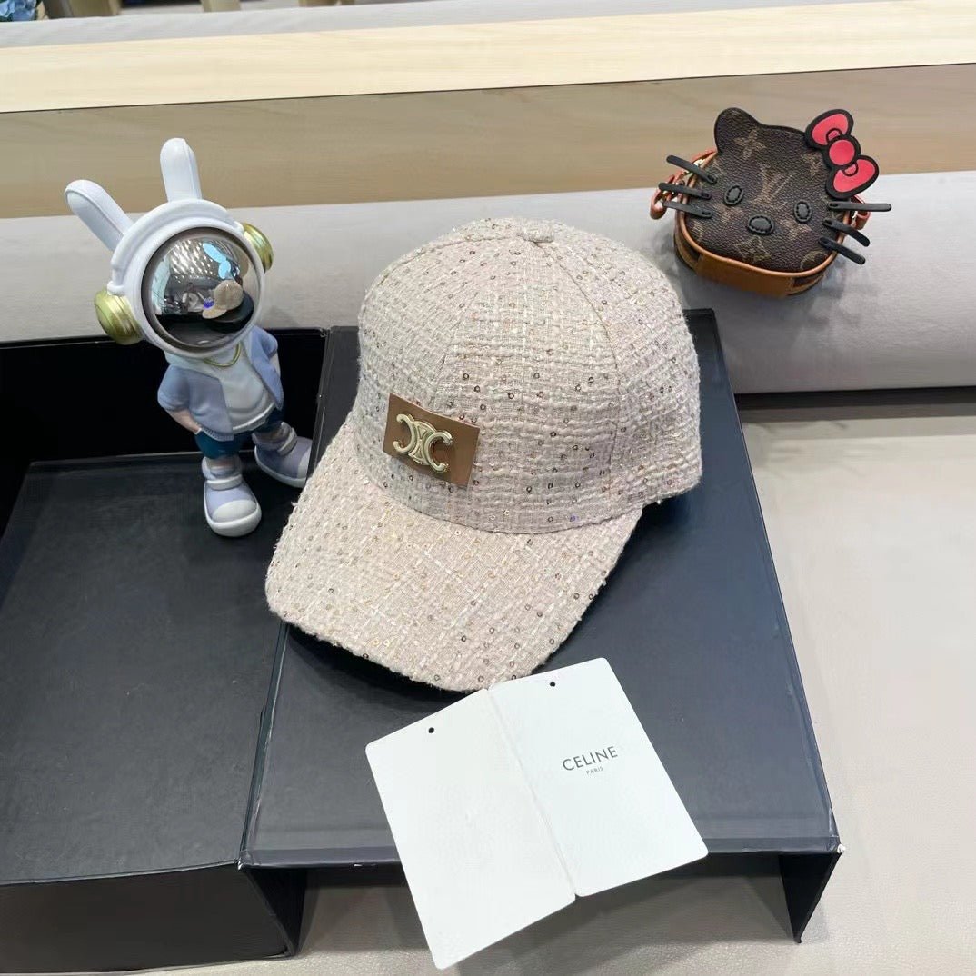 Celine Logo Beige Sparkle Texture Cap