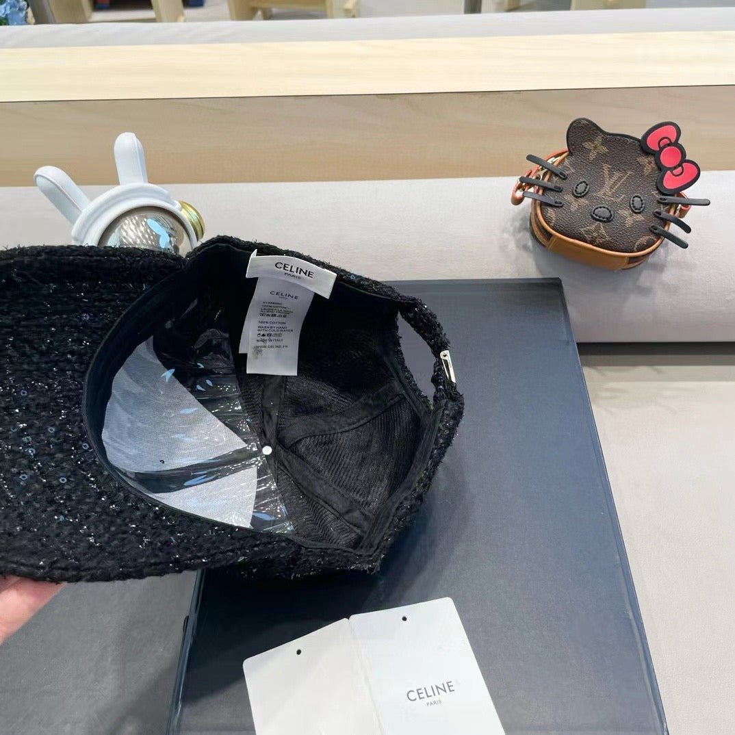 Celine Triomphe Black Sparkle Fabric Cap - Image 8