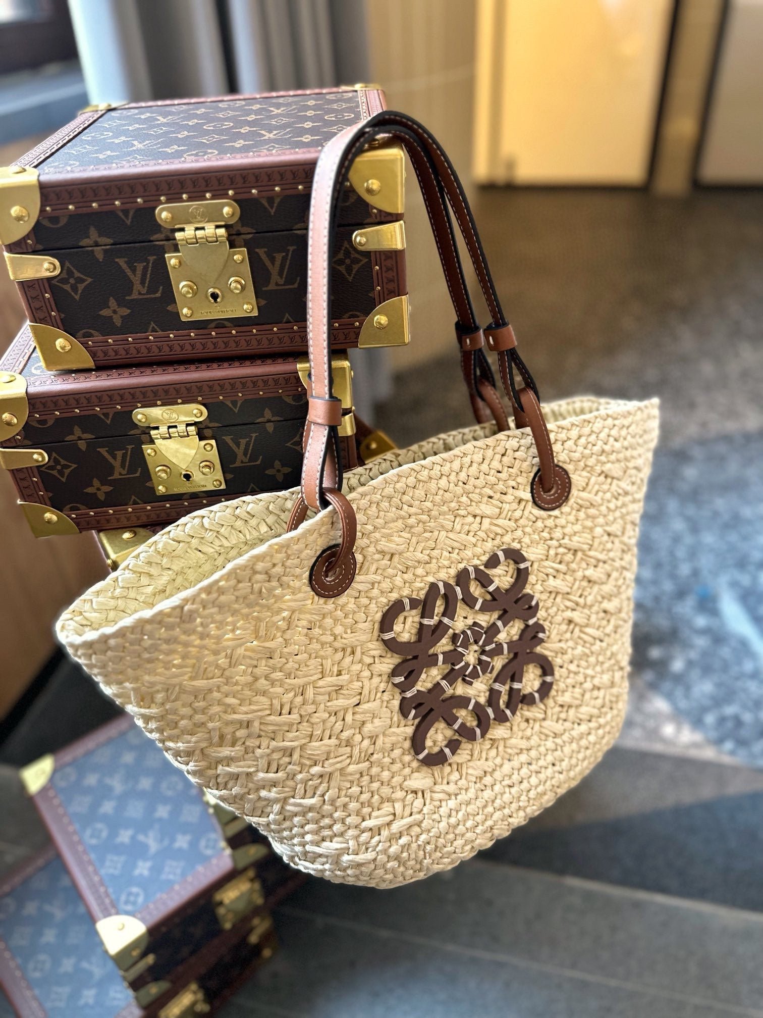 Alternative view of LOE SMALL ANAGRAM BASKET 28 BAG IN NATURAL MIX BROWN IRACA PALM AND CALFSKIN