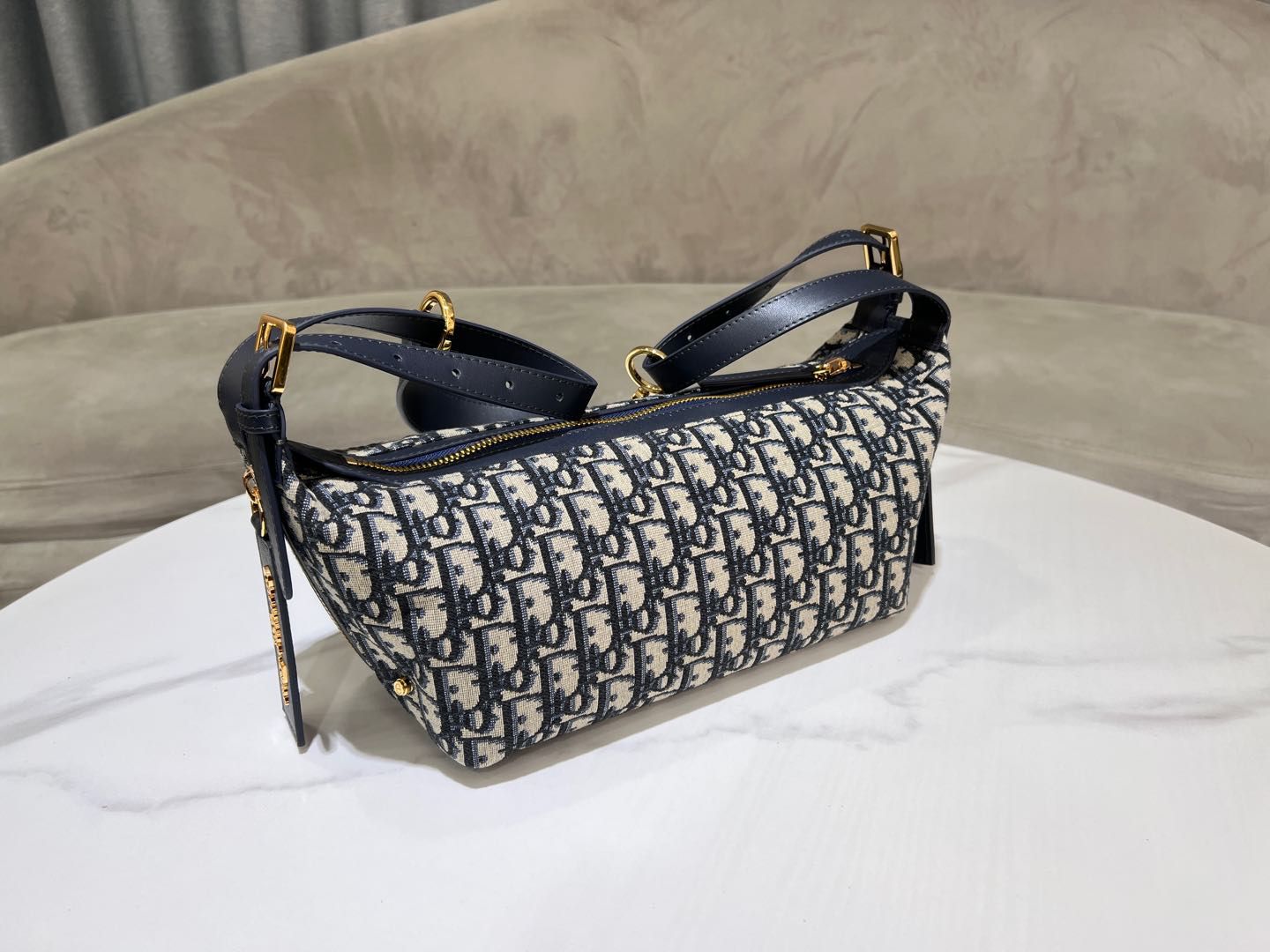 Dior Jacquard Hobo Bag 23 Dark Blue White Canvas - Image 4