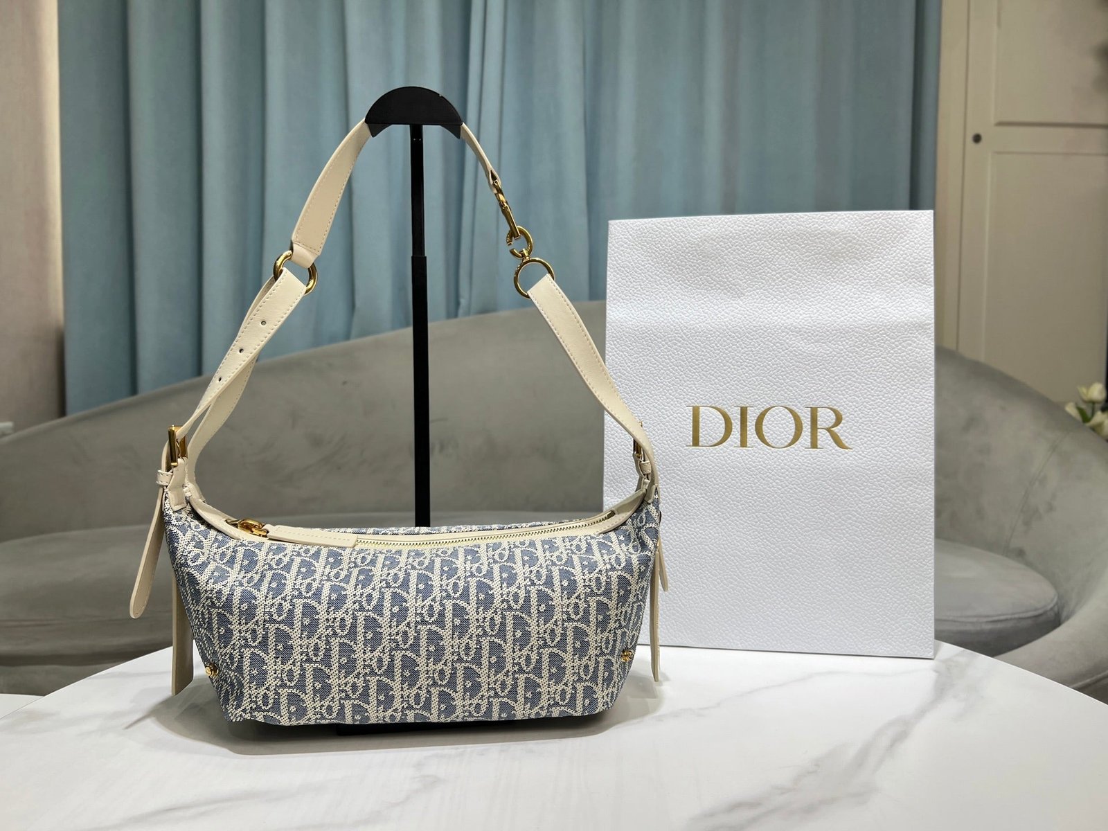 Alternative view of Dior Jacquard Hobo Bag 26 Blue White Canvas