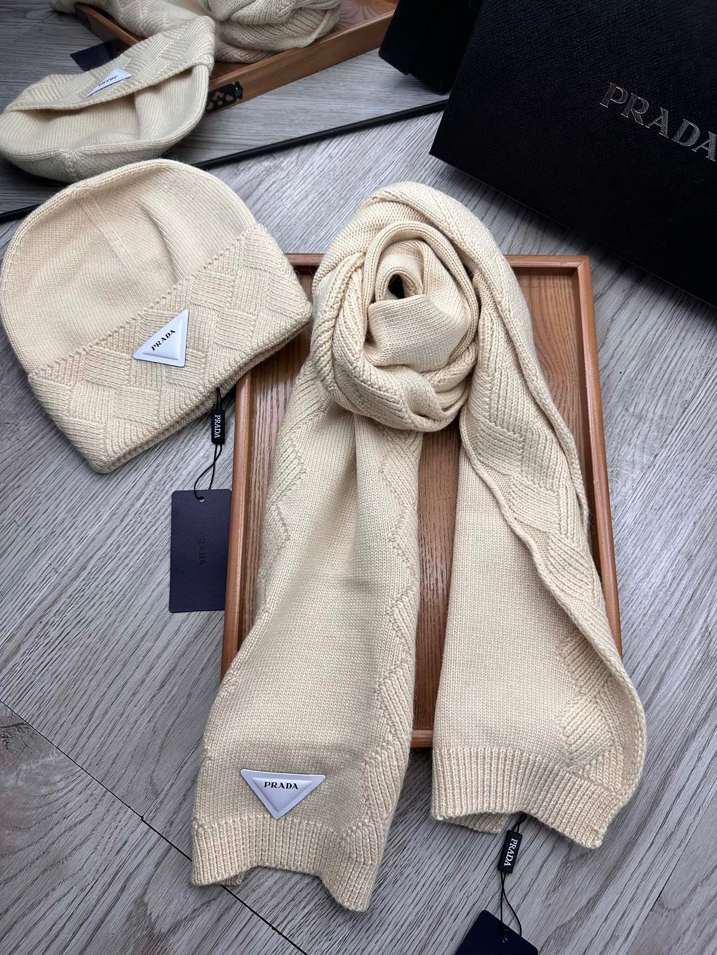 Prada Style Beige Plain Knit Hat Scarf Set
