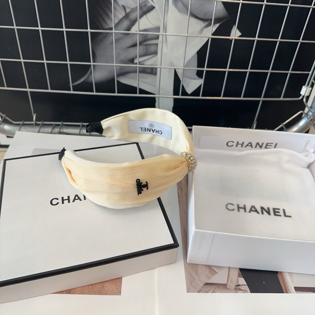 Chanel Beige Silk Twist Pearl Headband - Image 5