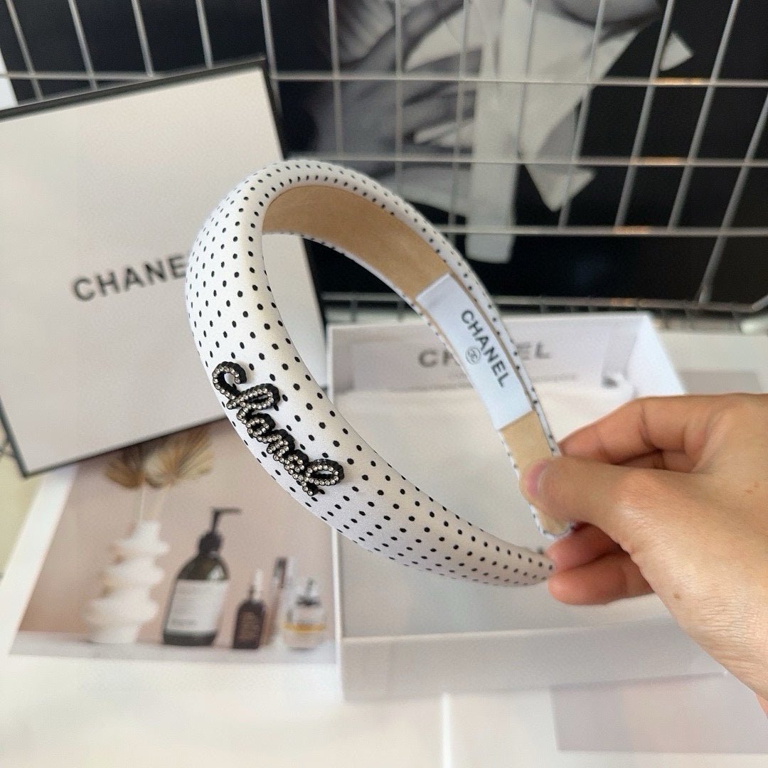 Chanel White Polka Dot Letter Padded Headband - Image 3