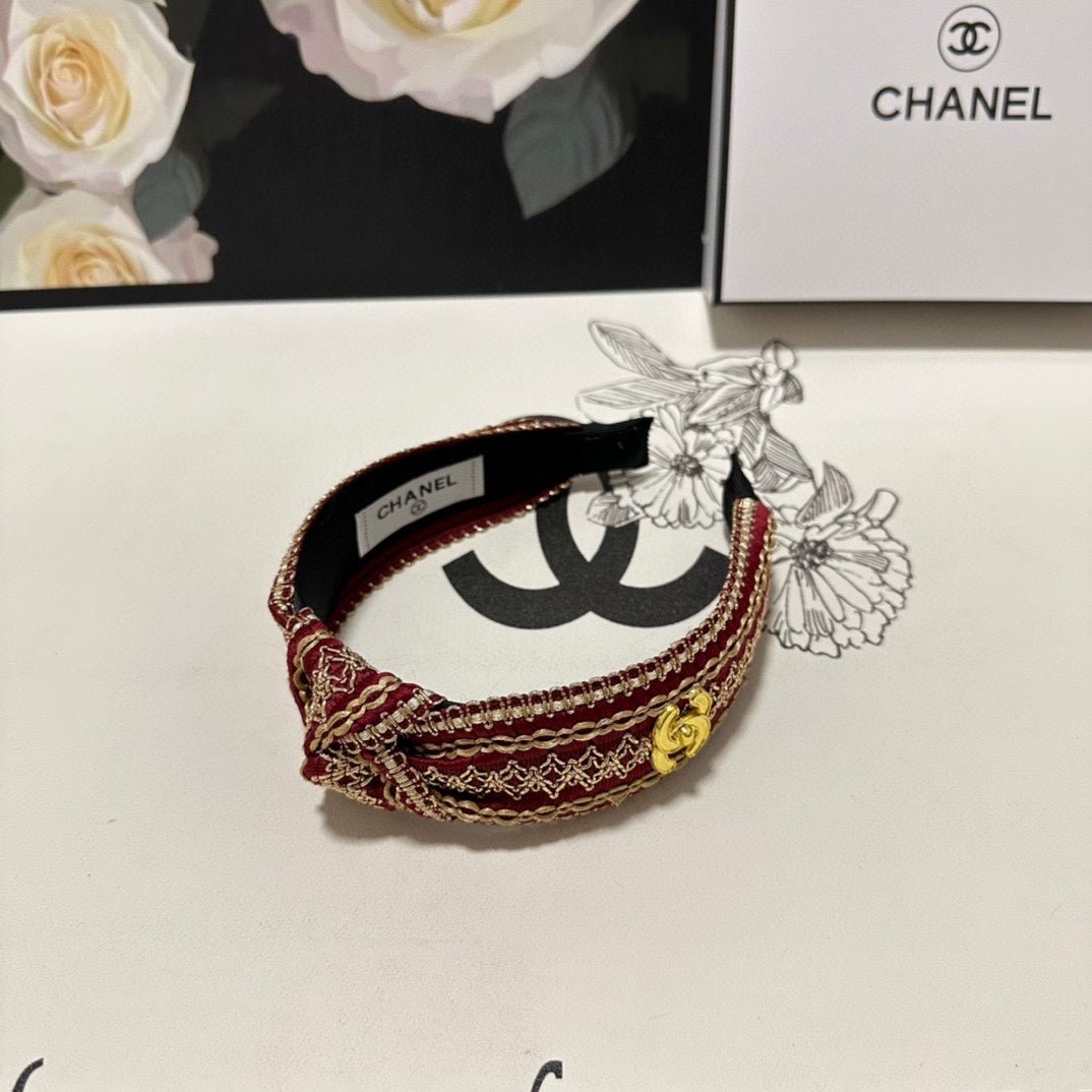 CHANEL RUBY RED MIX LIGHT YELLOW FABRIC HEADBAND 168586 - Image 3