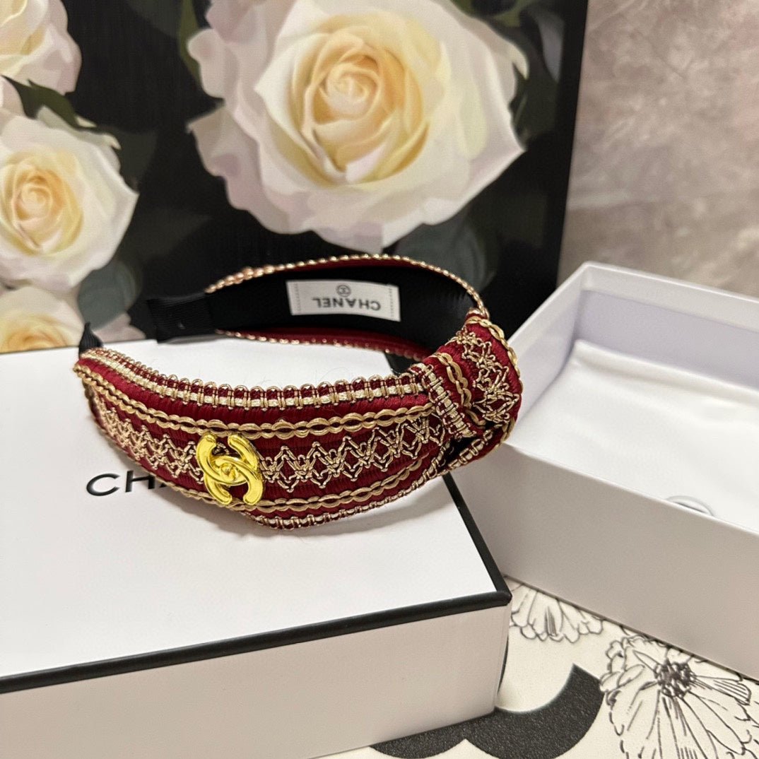 CHANEL RUBY RED MIX LIGHT YELLOW FABRIC HEADBAND 168586 - Image 4