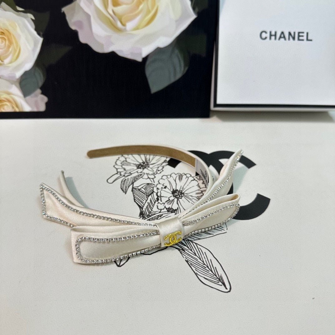 Chanel White Satin Crystal Bow Gold CC Headband - Image 7