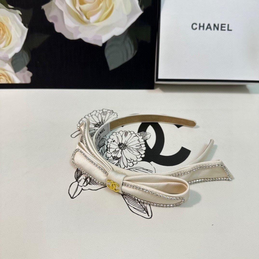 Chanel White Satin Crystal Bow Gold CC Headband - Image 8
