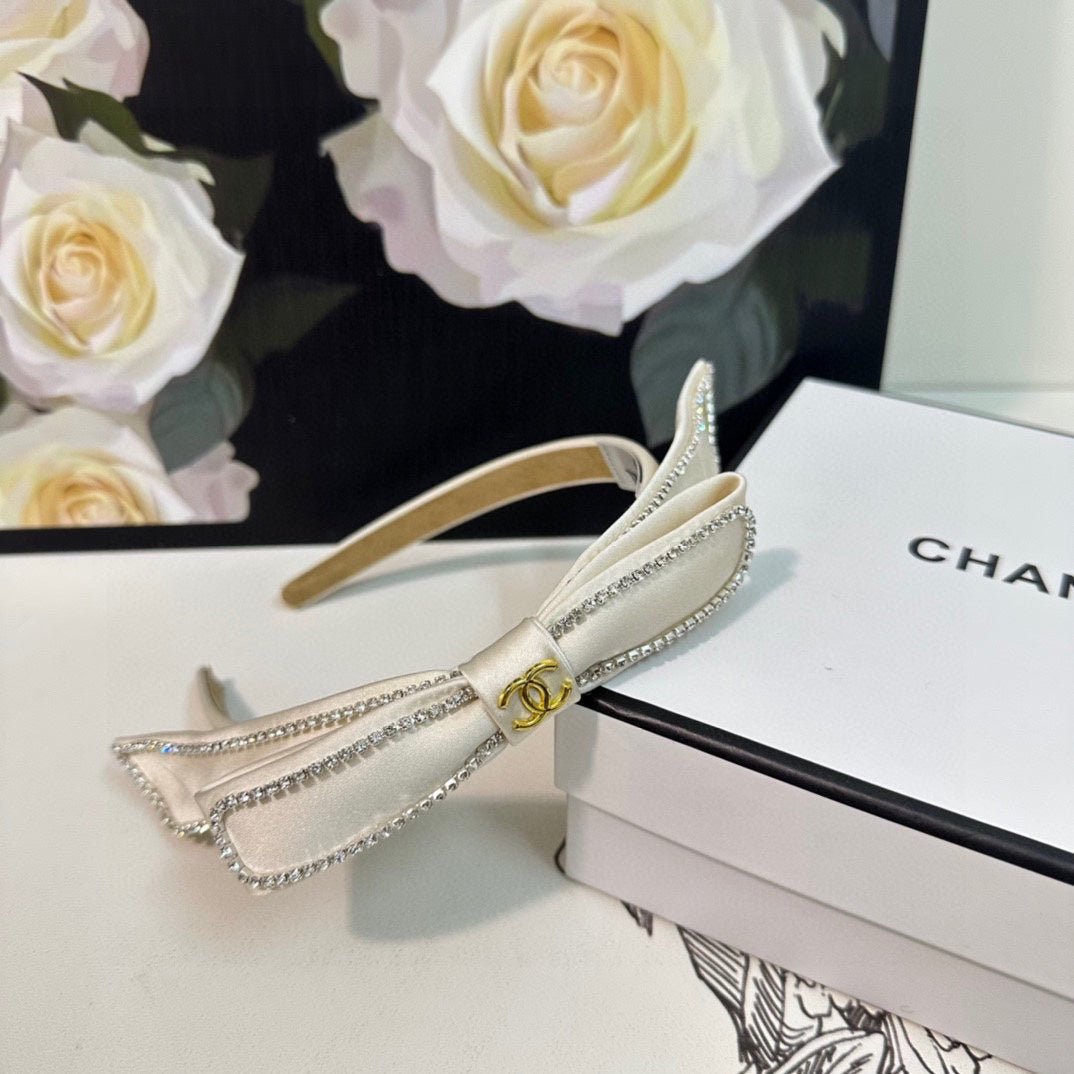 Chanel White Satin Crystal Bow Gold CC Headband - Image 4