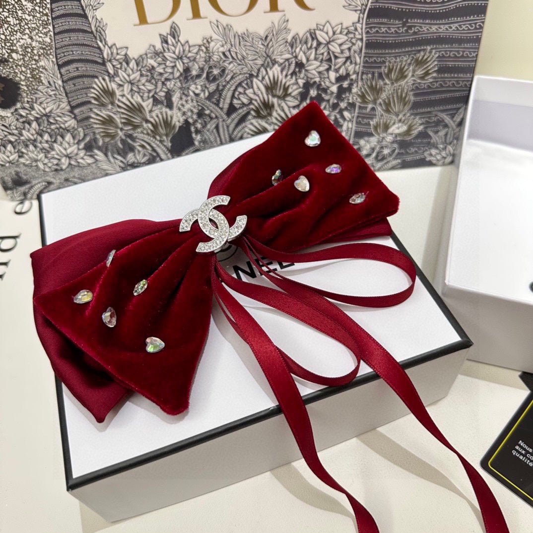 Alternative view of CHANEL CRIMSON RED VELVET HAIR CLIP WITH BOW AND CRYSTAL 412470