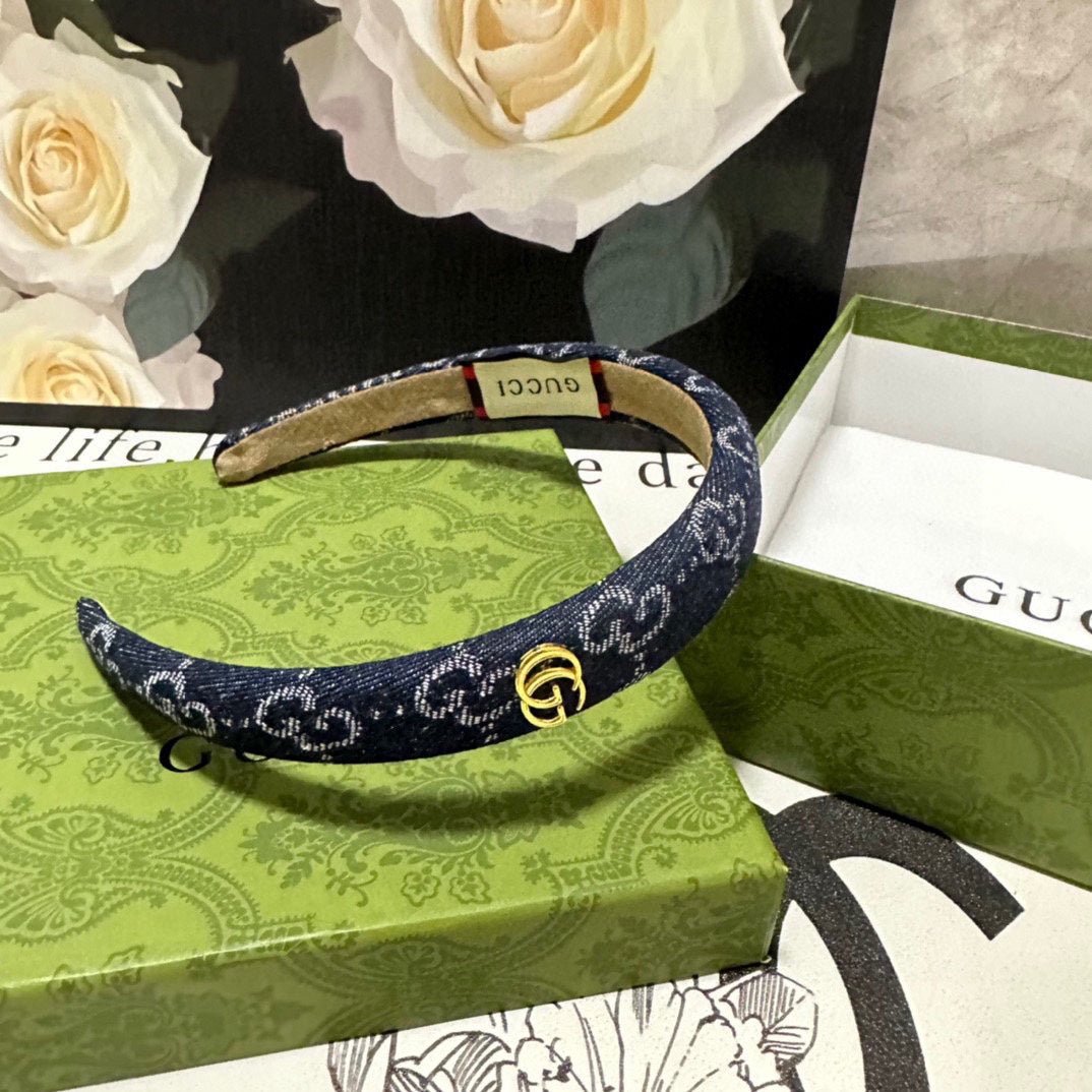 GUCCI Dark Blue Denim GG Headband - Image 3