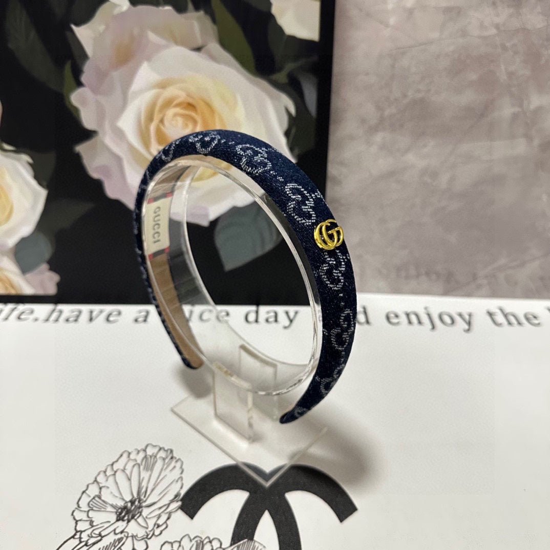 GUCCI Dark Blue Denim GG Headband - Image 4