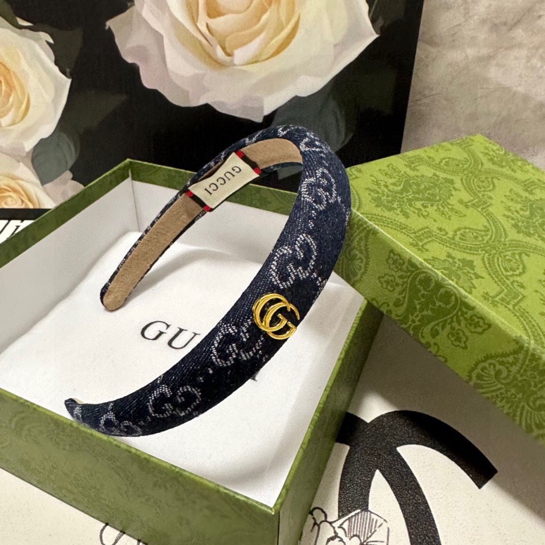 GUCCI Dark Blue Denim GG Headband - Image 5