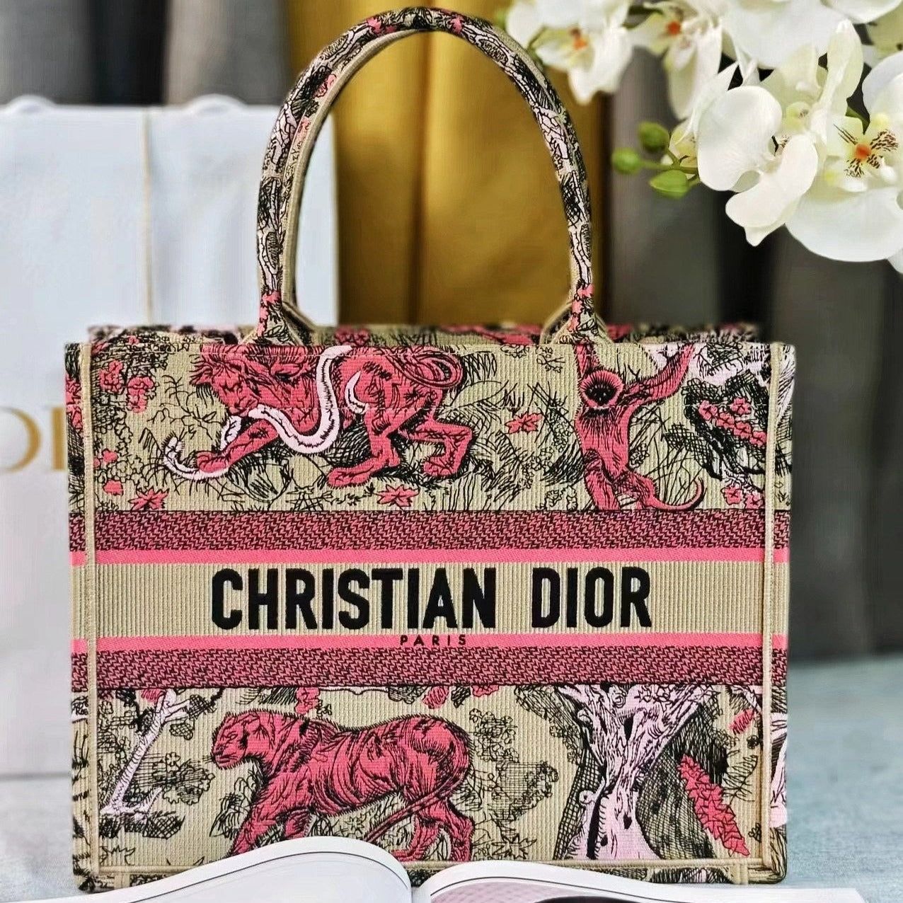 Dior Dioriviera Medium Pink Tiger Canvas Tote Bag