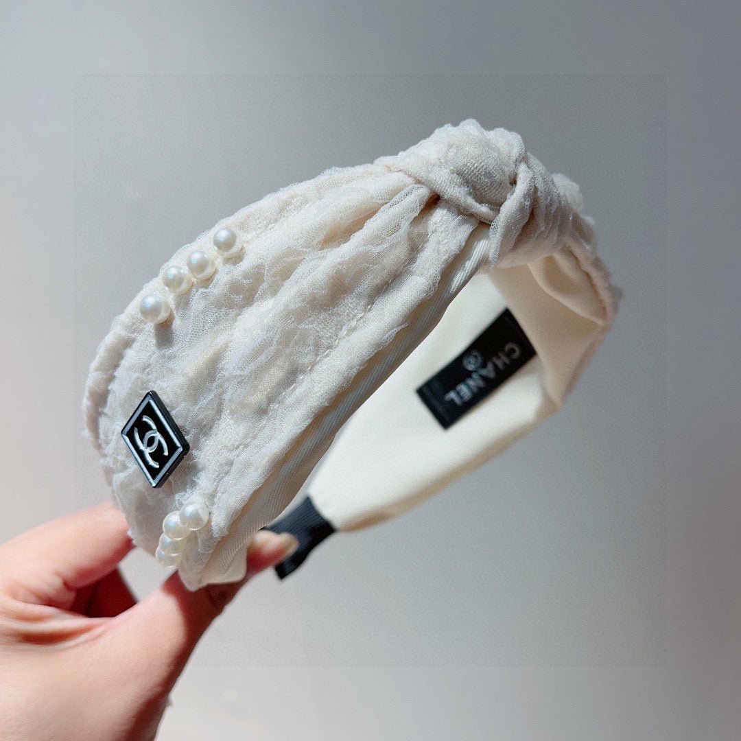 Chanel Cream Crinkle Knotted Pearl Headband - Image 7