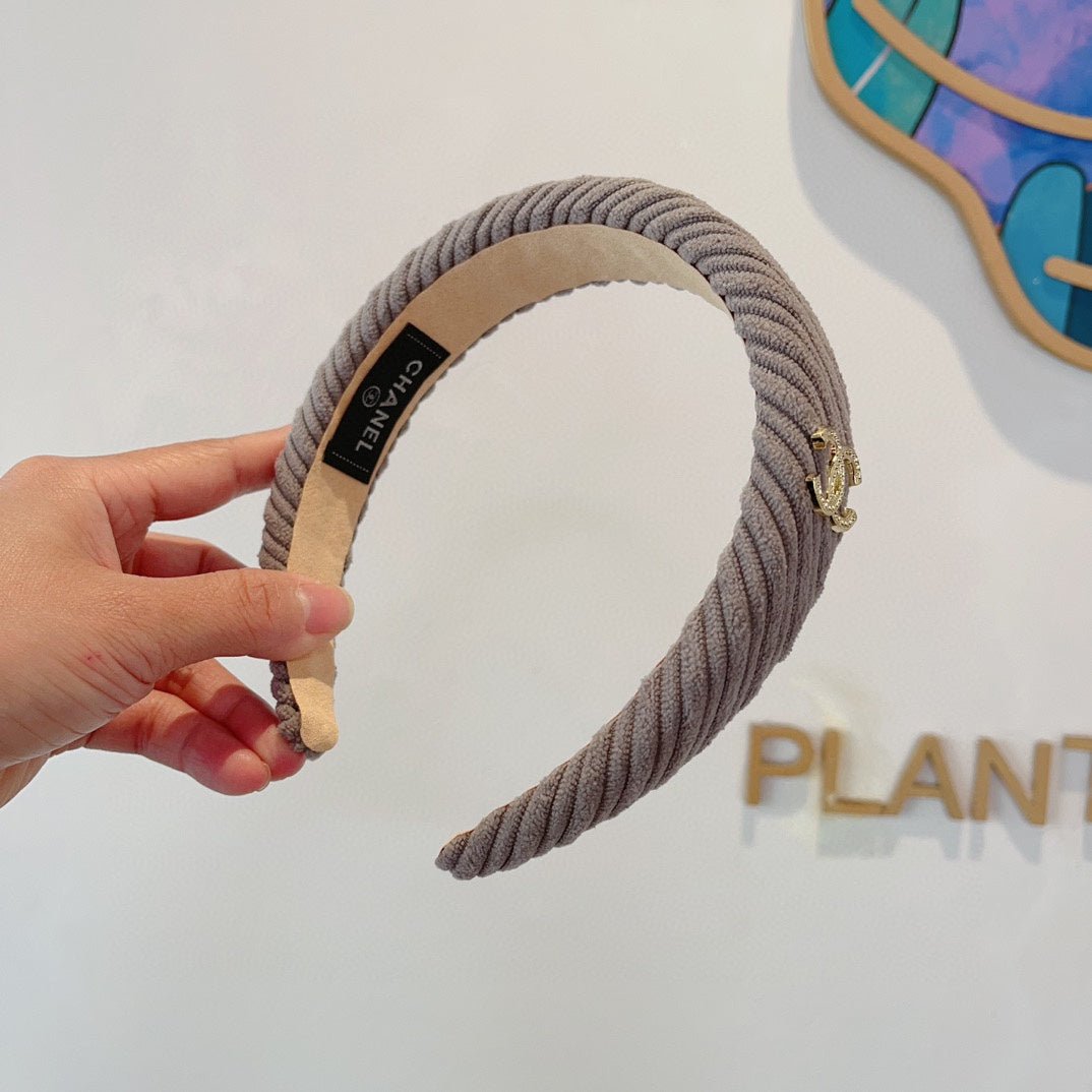 Chanel Grey Corduroy Ribbed Gold CC Headband - Image 8