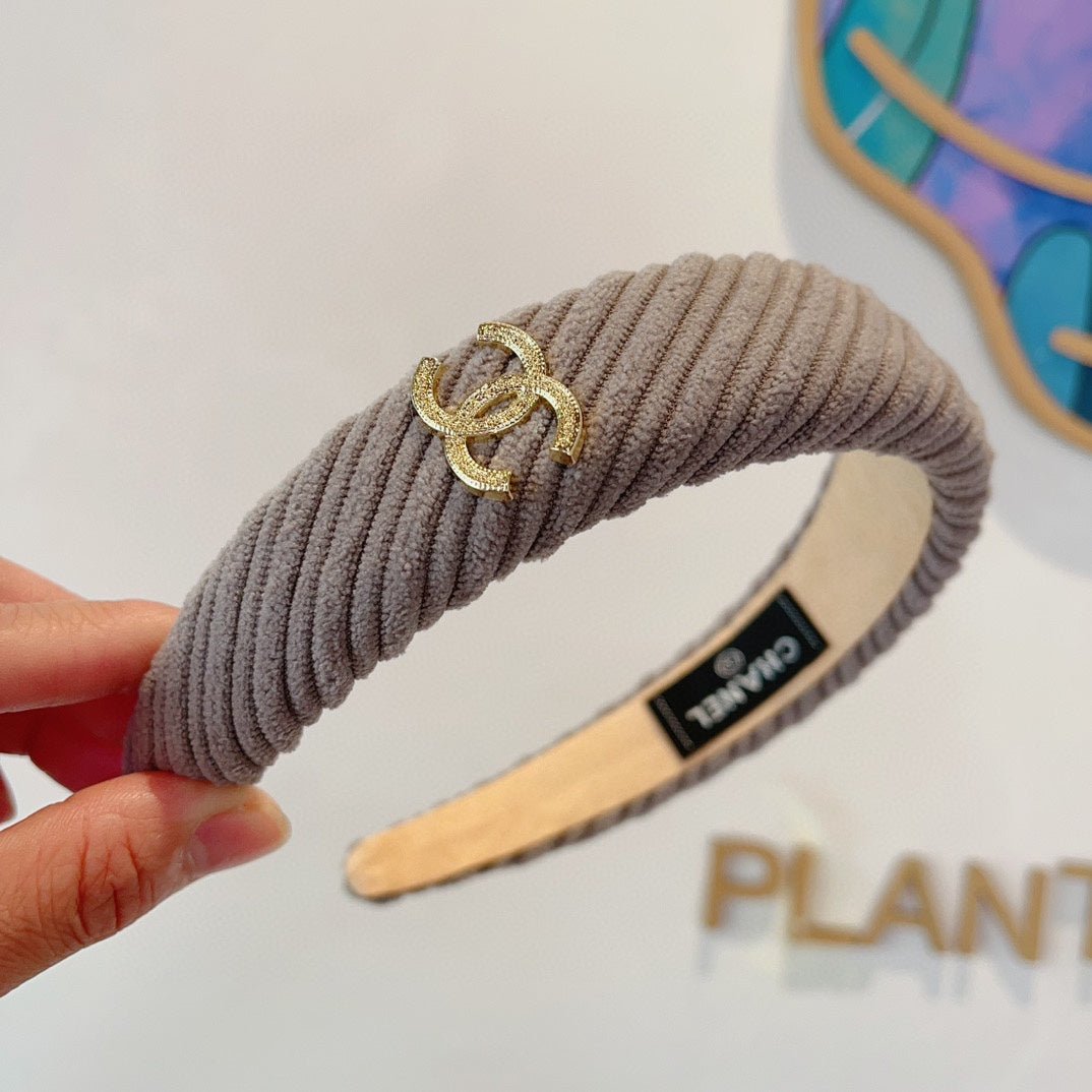 Chanel Grey Corduroy Ribbed Gold CC Headband - Image 7