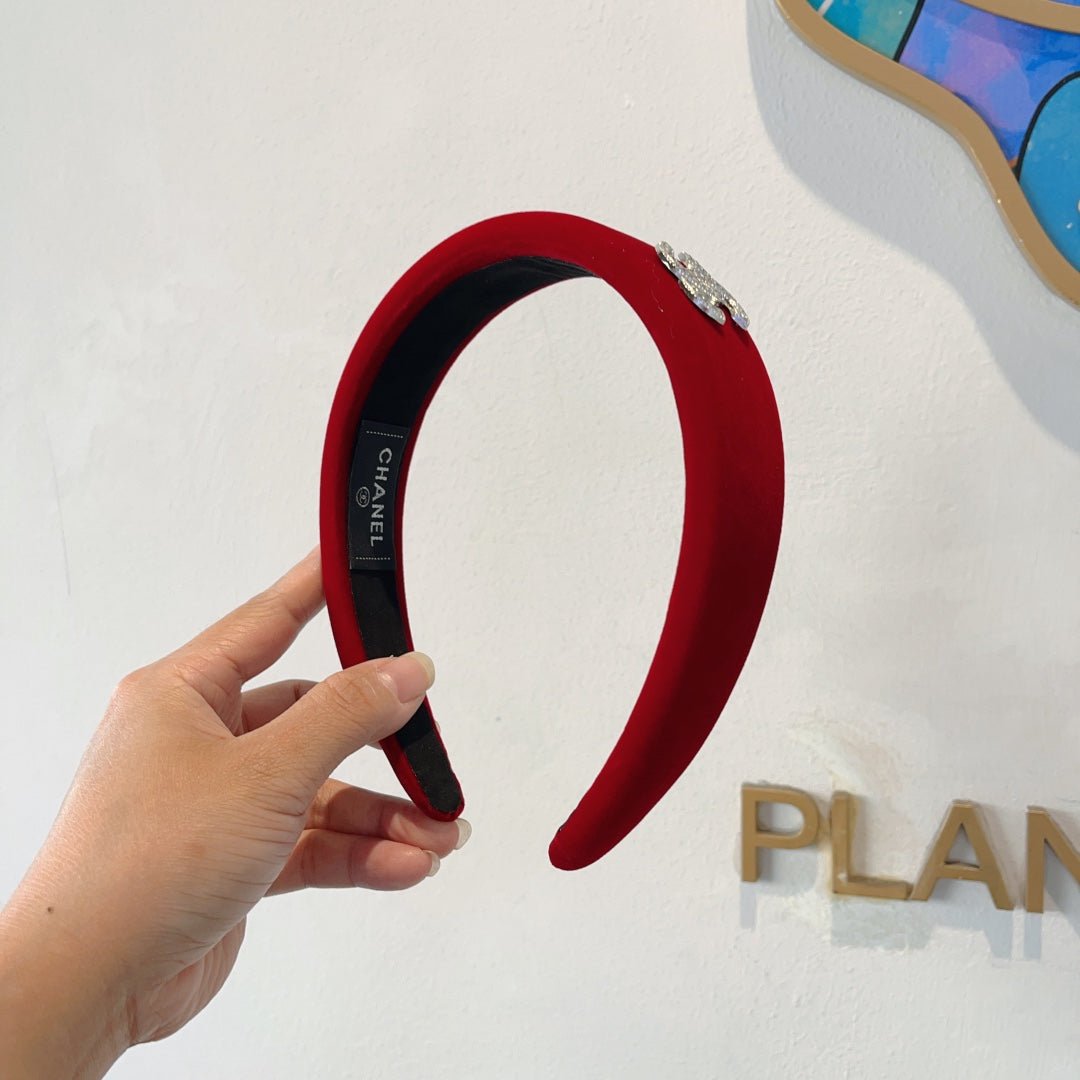 Chanel Red Velvet Silver CC Headband - Image 4