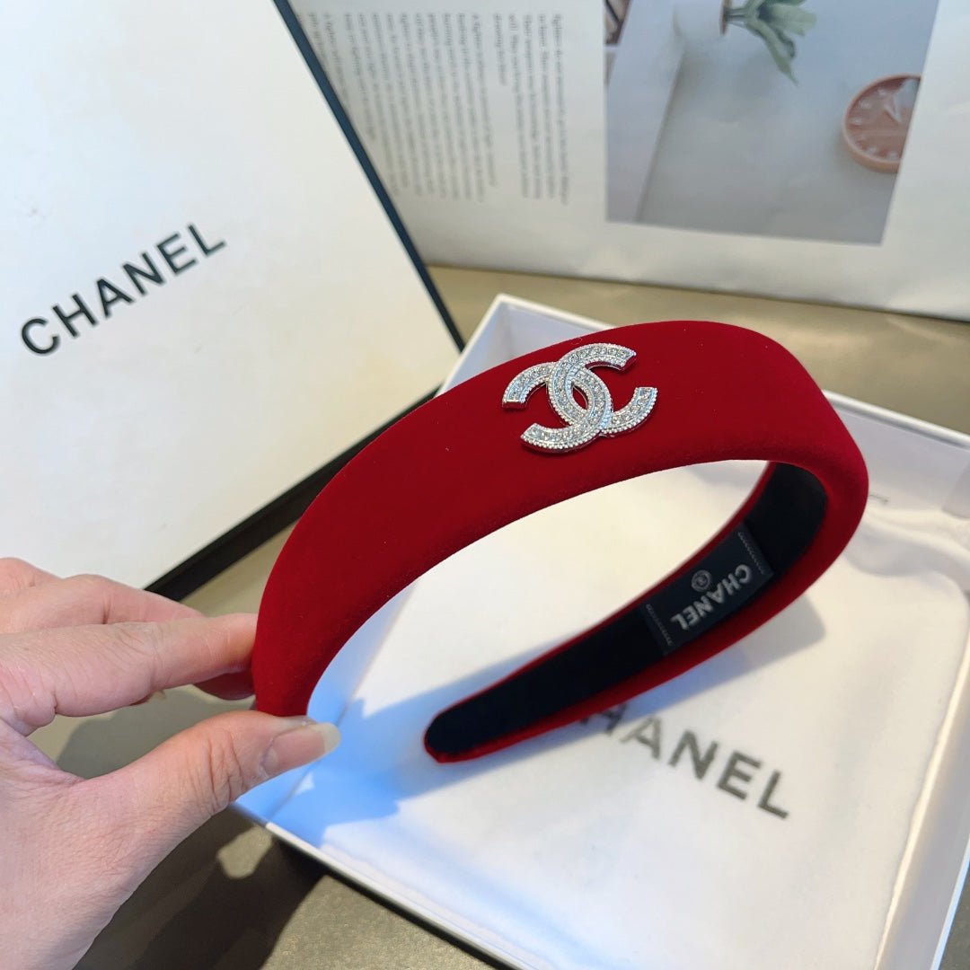 Chanel Red Velvet Silver CC Headband - Image 8