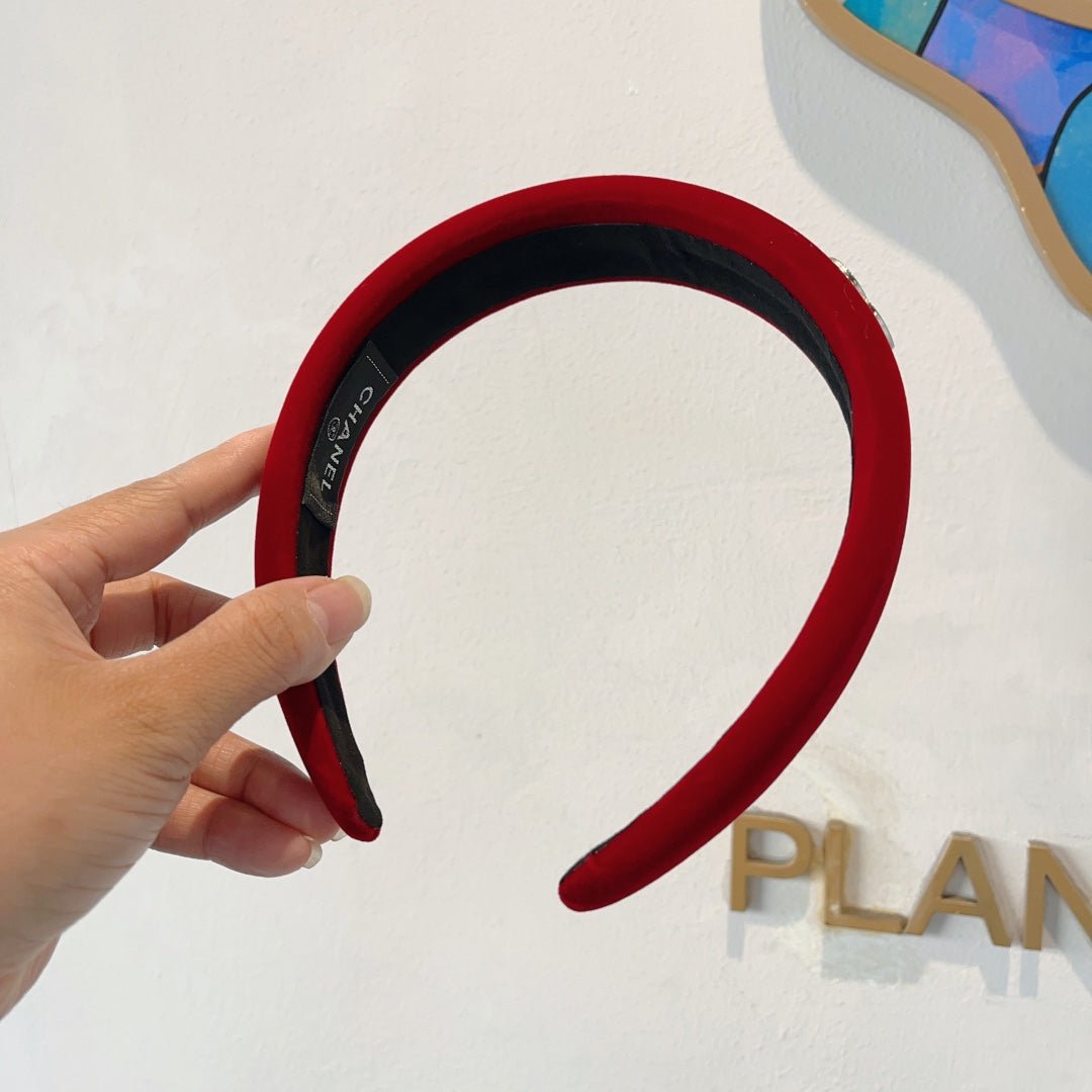 Chanel Red Velvet Silver CC Headband - Image 3