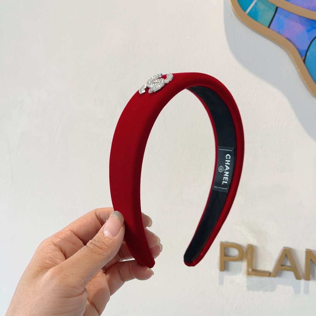 Chanel Red Velvet Silver CC Headband - Image 5