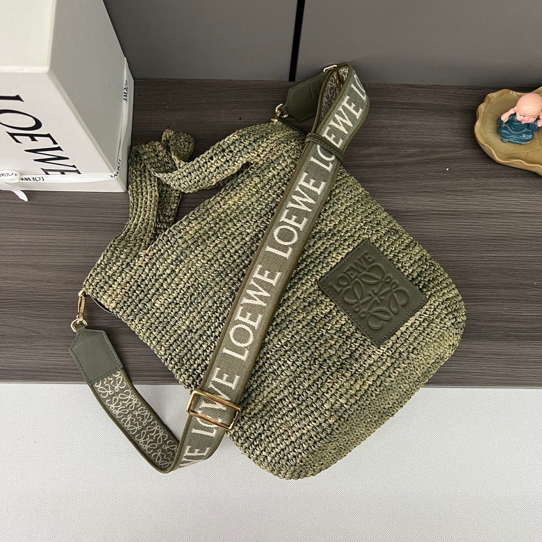 Alternative view of Loewe Ibiza Mini Slit Raffia Tote Bag 30cm Olive Raffia Leather