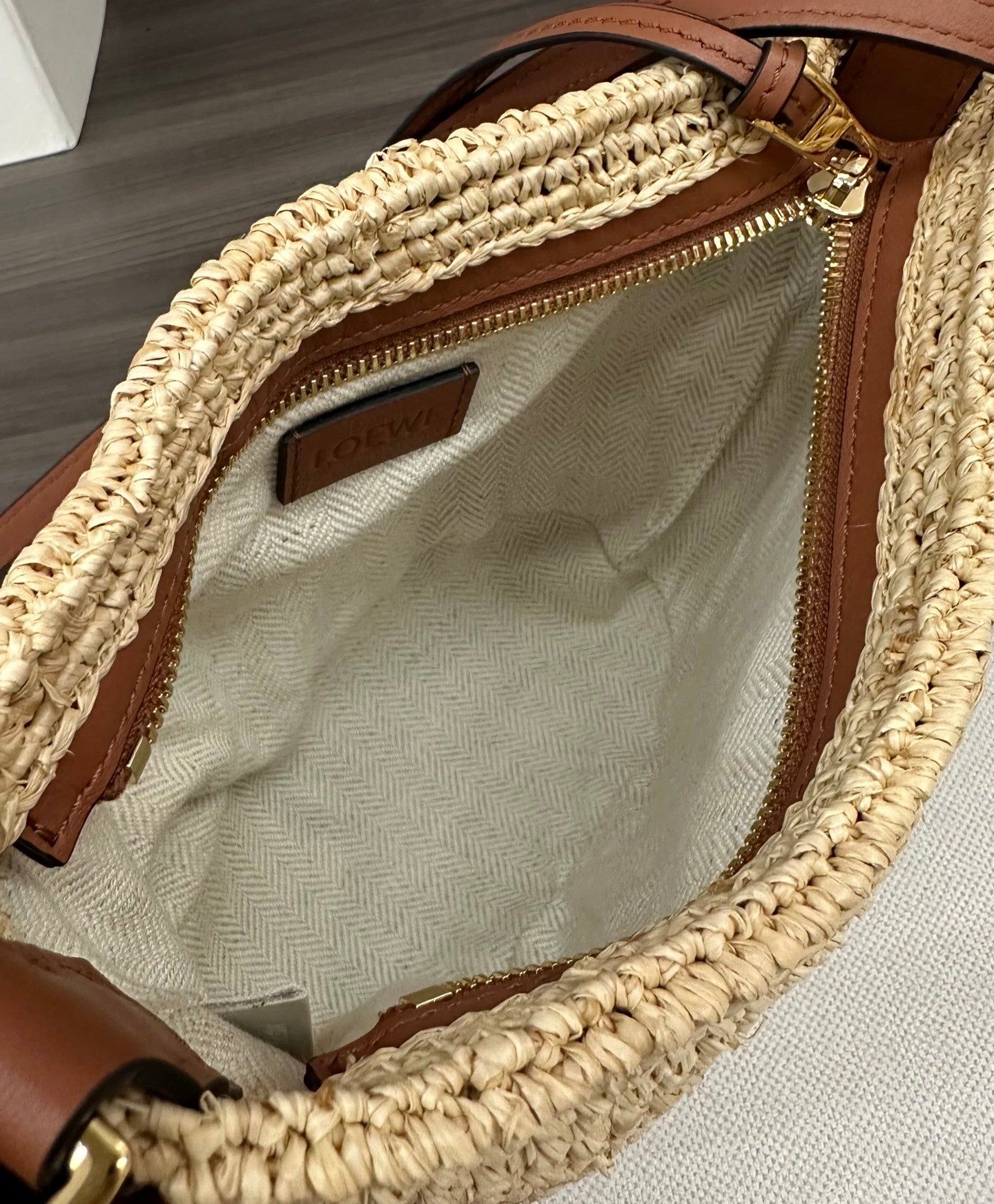 Loewe Slit Pochette Beige Raffia Brown Calfskin - Image 9