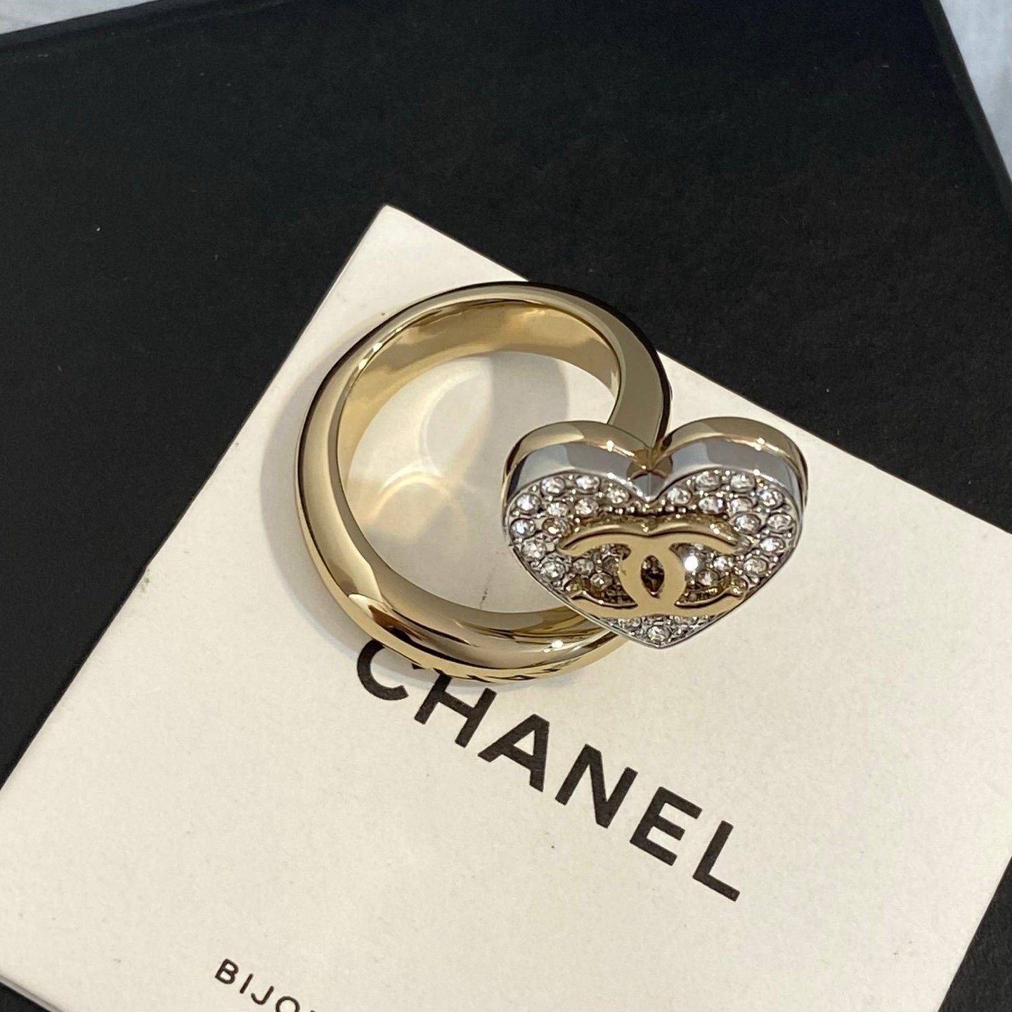 Alternative view of Chanel Two-Tone Crystal Heart CC Open Ring