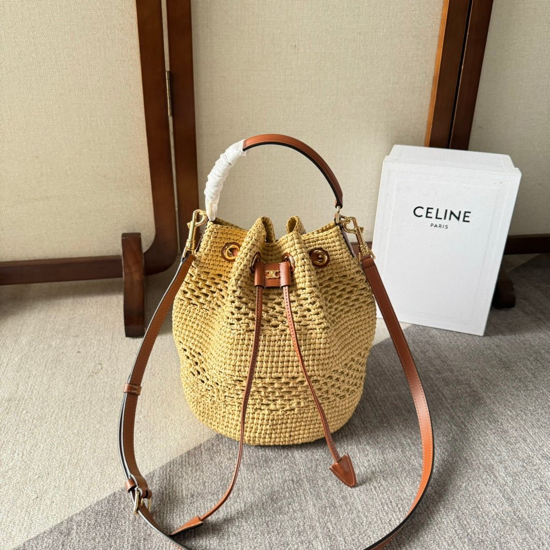 Celine Clara Raffia Drawstring Bucket Bag