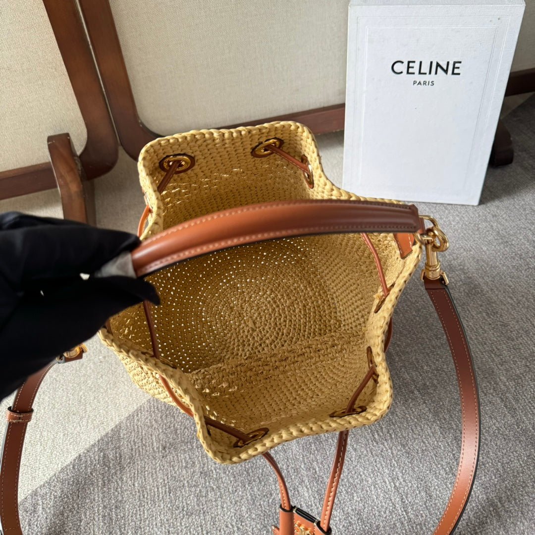 Celine Clara Raffia Drawstring Bucket Bag - Image 5