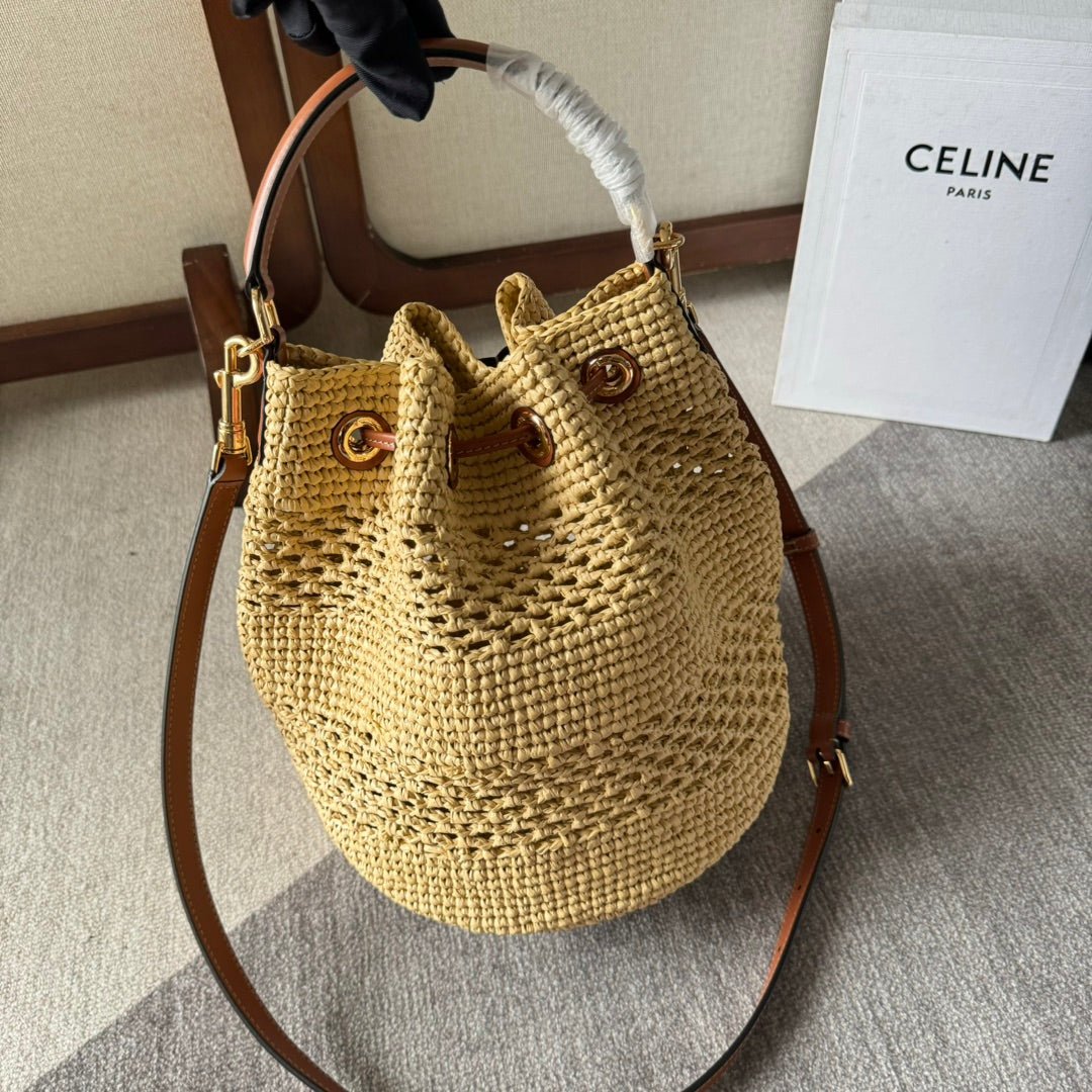 Celine Clara Raffia Drawstring Bucket Bag - Image 3