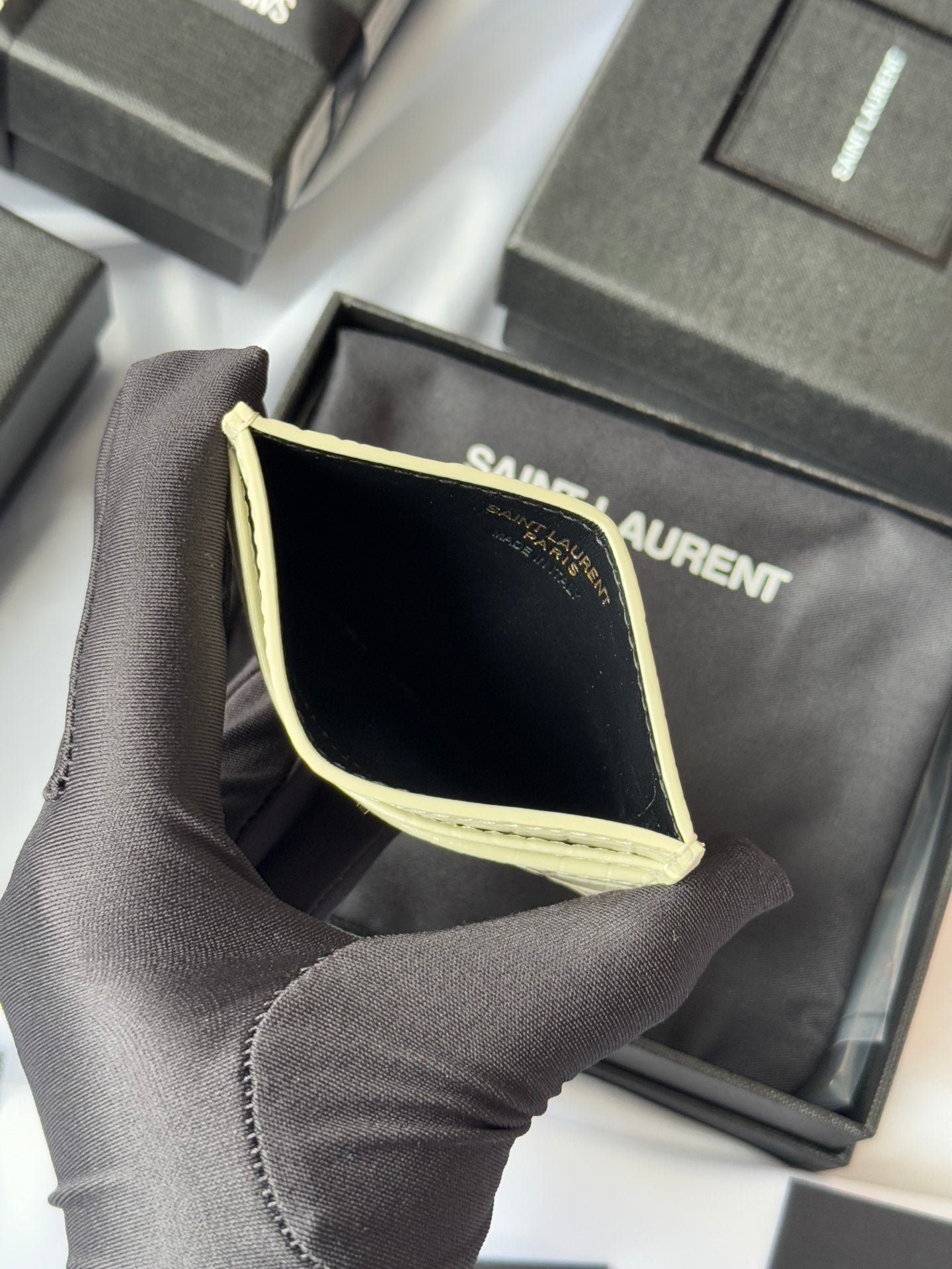 YSL Cream Croc-Embossed Leather Card Holder - Image 6