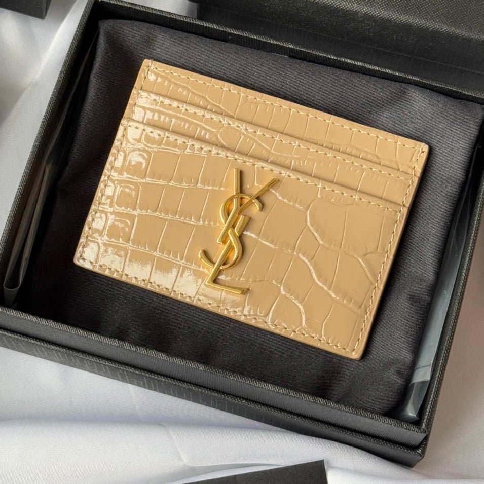 YSL Beige Croc-Embossed Leather Card Holder