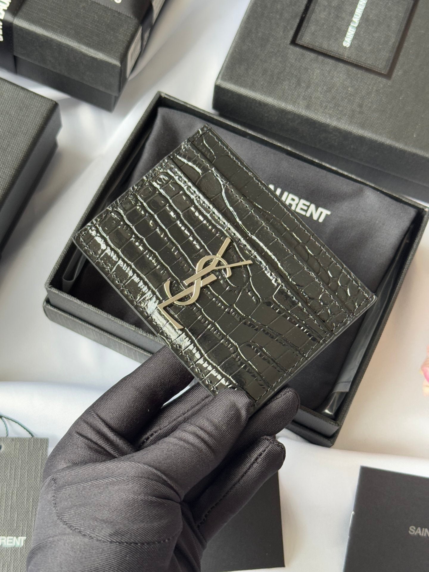 Alternative view of YSL Black Croc-Embossed Metal Logo Card Holder