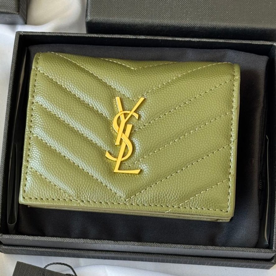 YSL Green V-Quilted Leather Compact Wallet