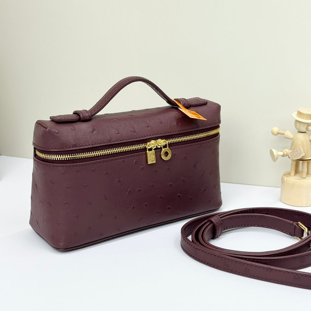 Alternative view of LP Extra Bag 19cm Ostrich Pattern Burgundy Calfskin Gold Hardware