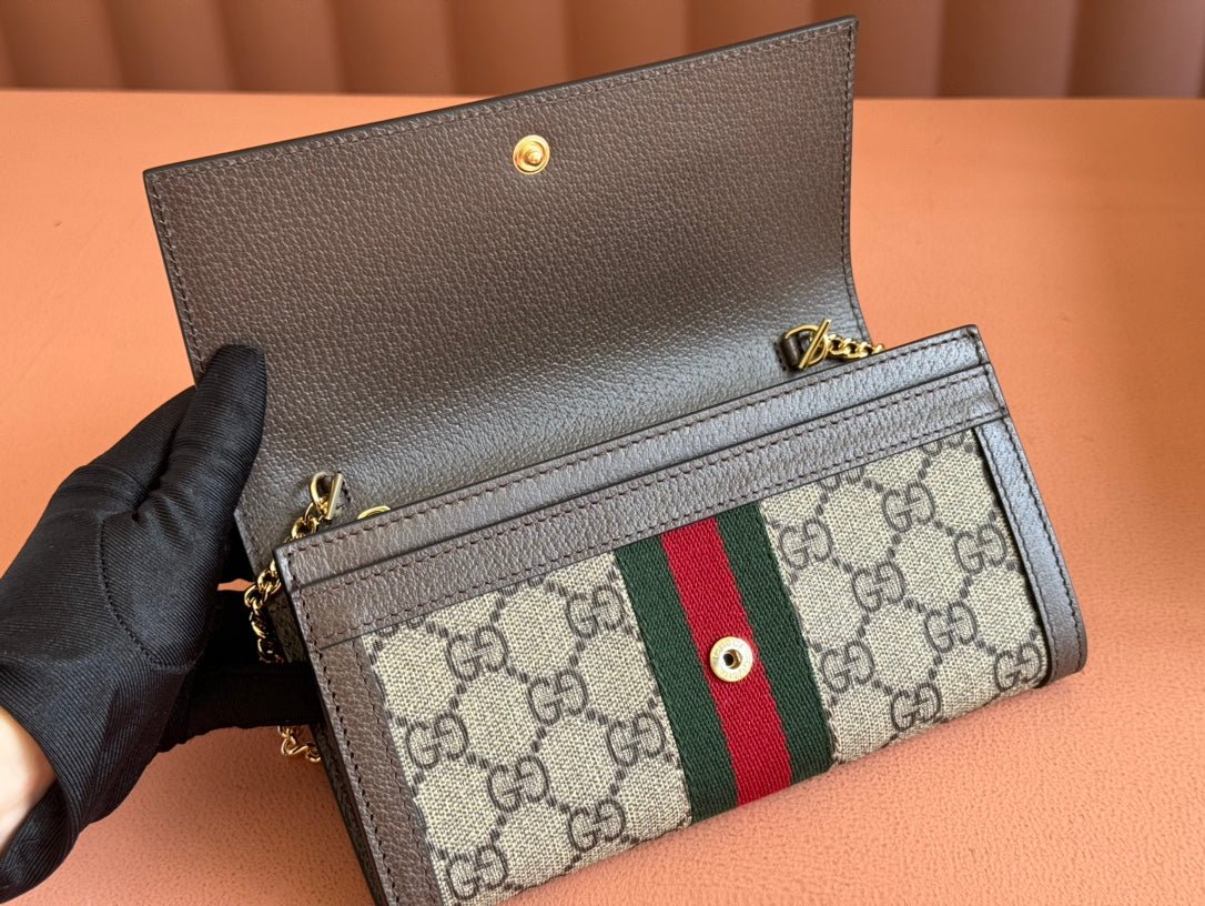 GUCCI OPHIDIA WALLET ON GOLD CHAIN 19 IN BEIGE AND DARK BROWN CANVAS AND BROWN CALFSKIN - Image 5