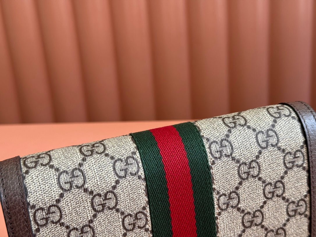 GUCCI OPHIDIA WALLET ON GOLD CHAIN 19 IN BEIGE AND DARK BROWN CANVAS AND BROWN CALFSKIN - Image 8