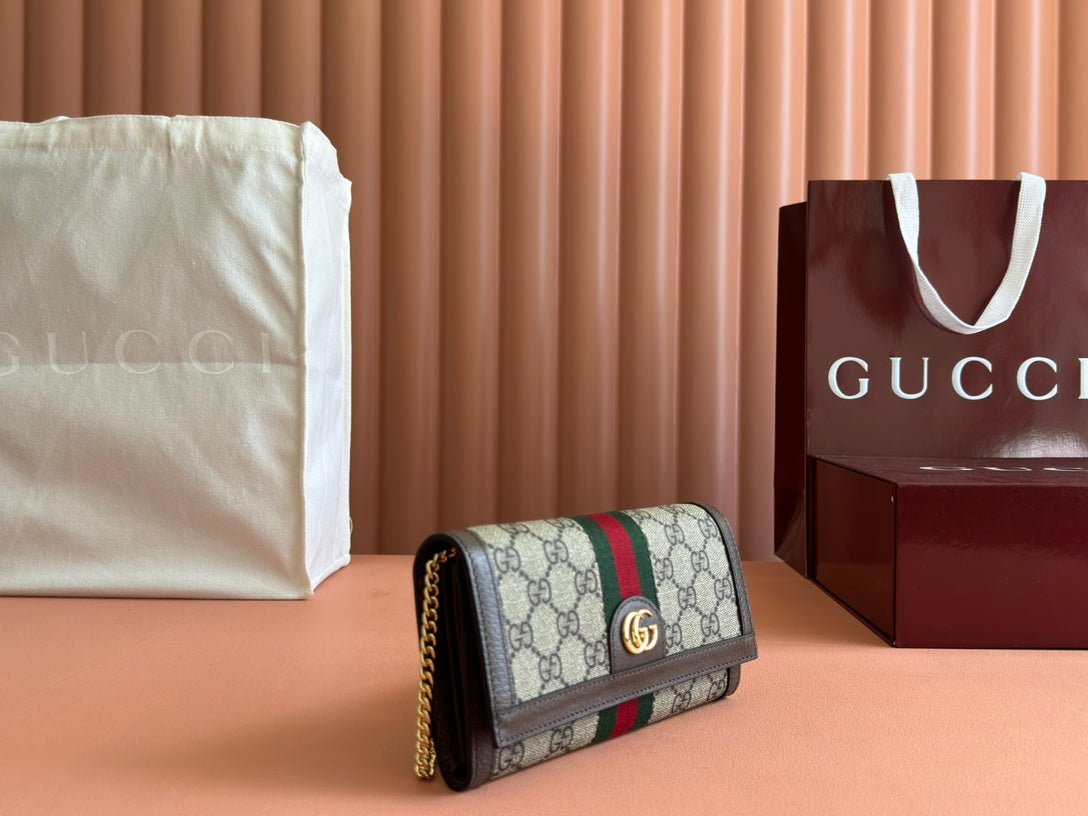 Alternative view of GUCCI OPHIDIA WALLET ON GOLD CHAIN 19 IN BEIGE AND DARK BROWN CANVAS AND BROWN CALFSKIN