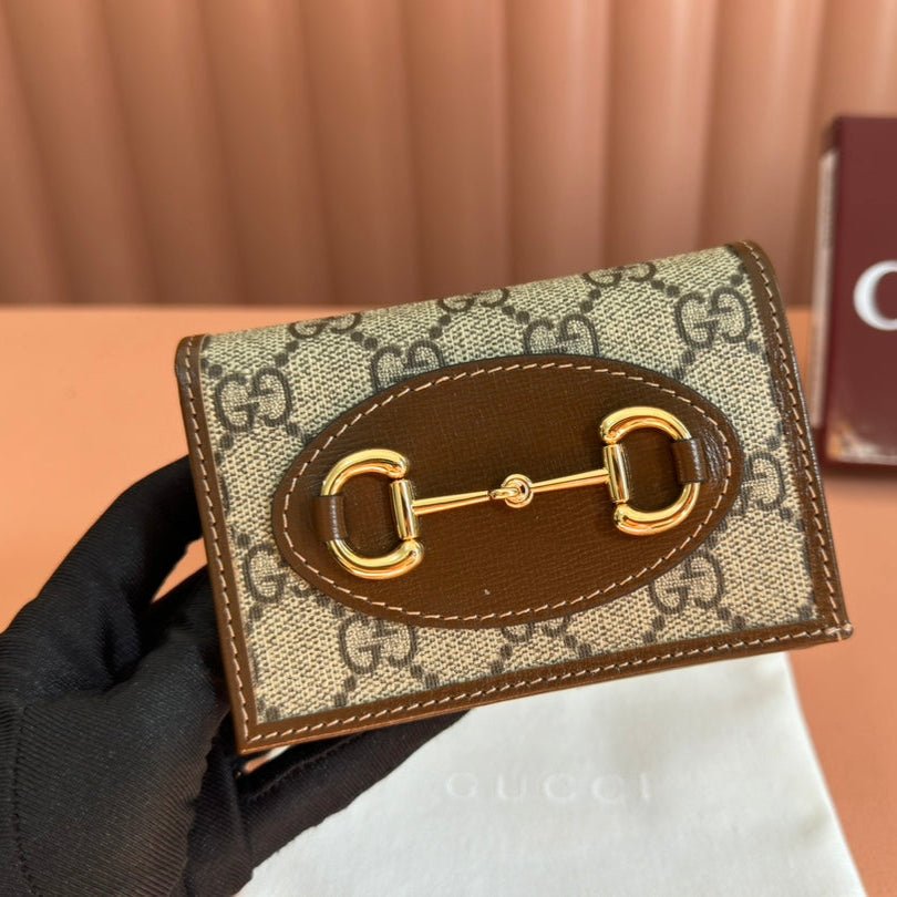 GUCCI HORSEBIT 1955 CARD CASE WALLET 11.5 IN BEIGE EBONY CANVAS BROWN CALFSKIN