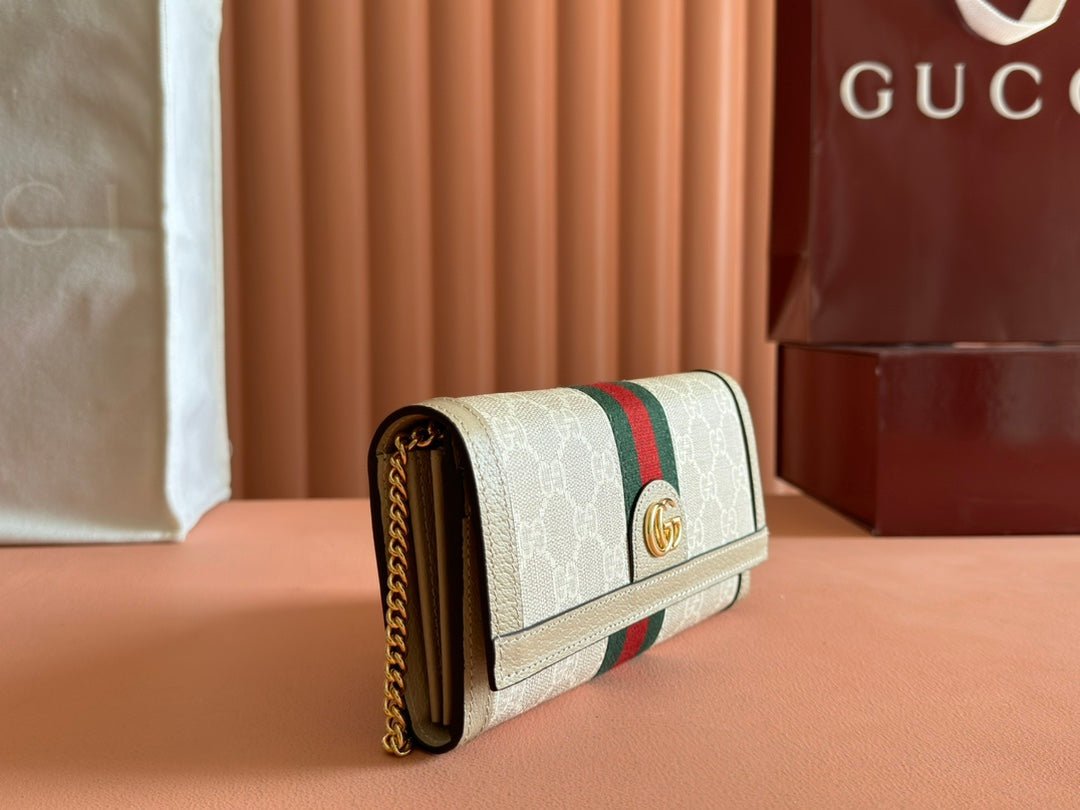 Alternative view of GUCCI OPHIDIA WALLET ON GOLD CHAIN 19 IN LIGHT BEIGE  CANVAS AND LIGHT BROWN CALFSKIN