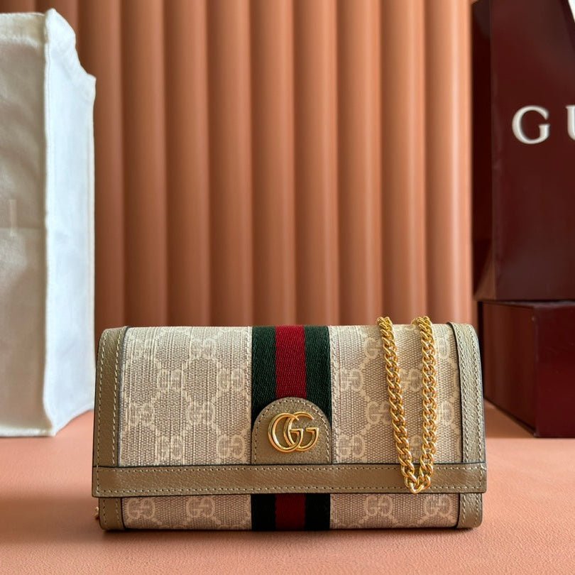 GUCCI OPHIDIA WALLET ON GOLD CHAIN 19 IN LIGHT BEIGE CANVAS AND LIGHT BROWN CALFSKIN