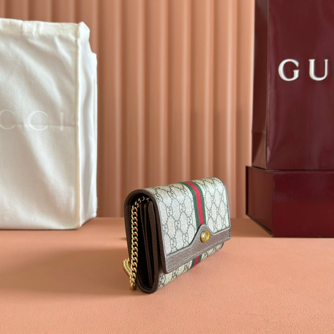 Alternative view of GUCCI OPHIDIA WALLET ON CHAIN 19 IN BEIGE AND DARK BROWN COATED FABRIC AND BROWN CALFSKIN TRIM