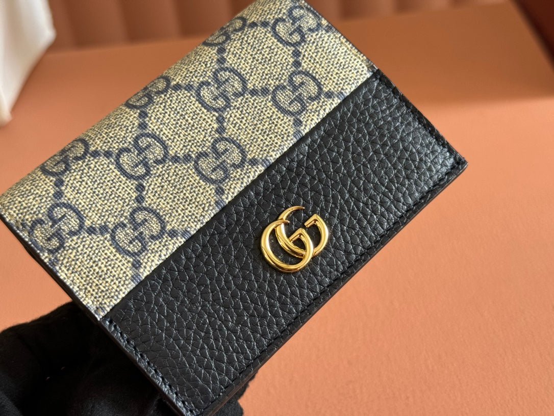Alternative view of GUCCI MARMONT BI-COLOUR CARD CASE WALLET 11 IN BLUE BEIGE EBONY  CANVAS BLACK CALFSKIN