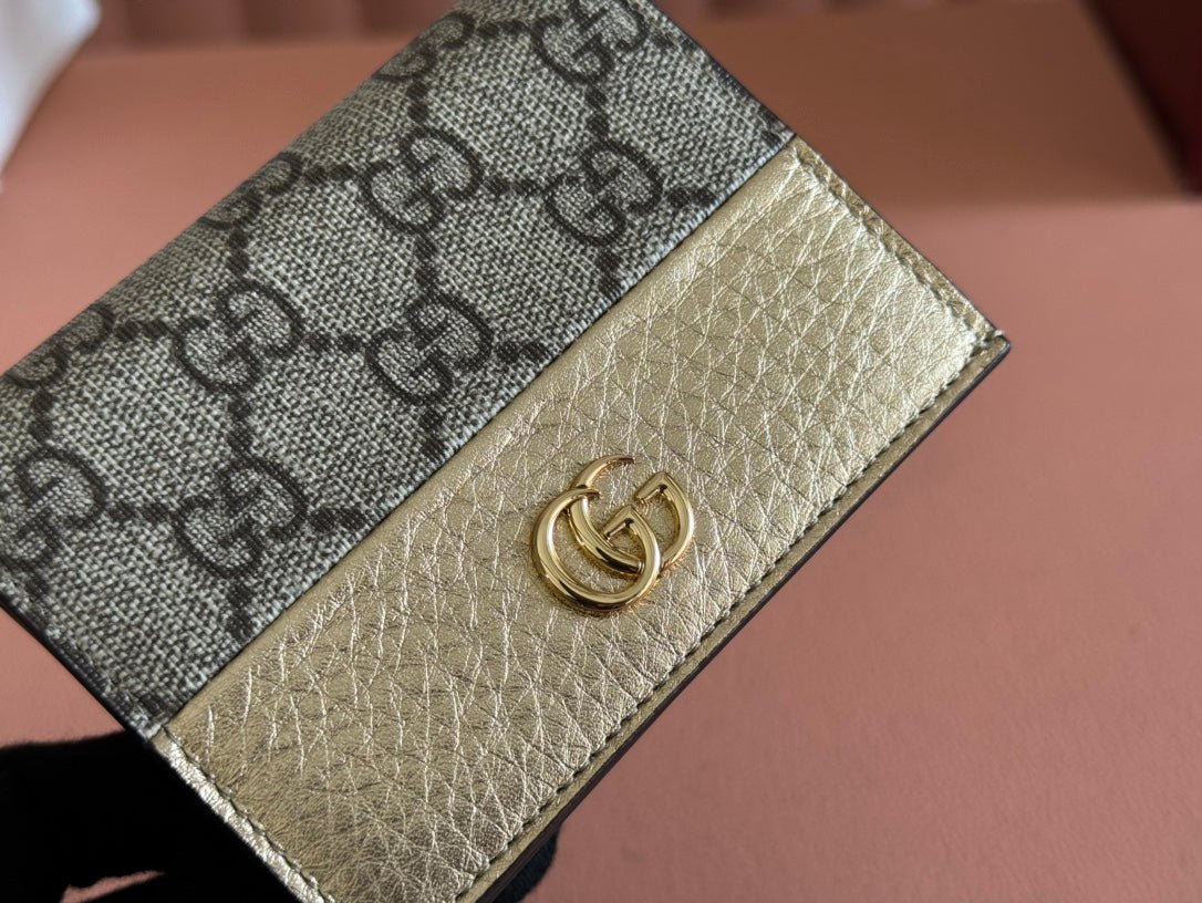 Alternative view of GUCCI MARMONT BI-COLOUR CARD CASE WALLET 11 IN BEIGE EBONY  CANVAS GOLD GLOSSY CALFSKIN