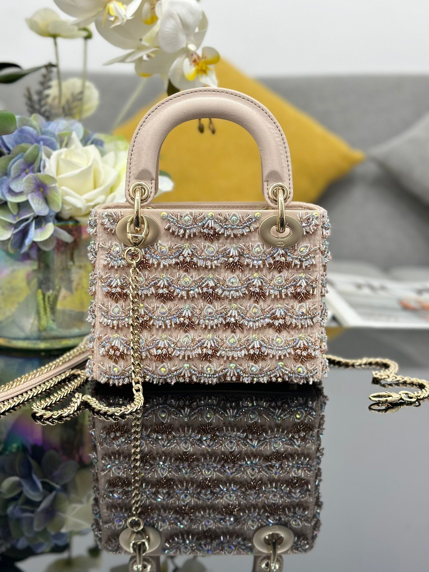 Alternative view of Dior Mini Lady 17 Beige Satin Embroidery Diamond