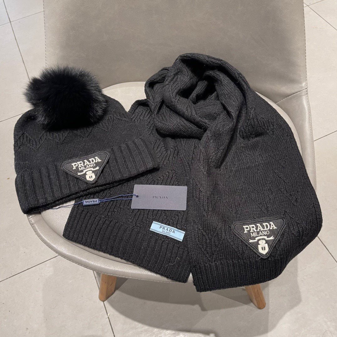 Prada Style Black Jacquard Pom Pom Set