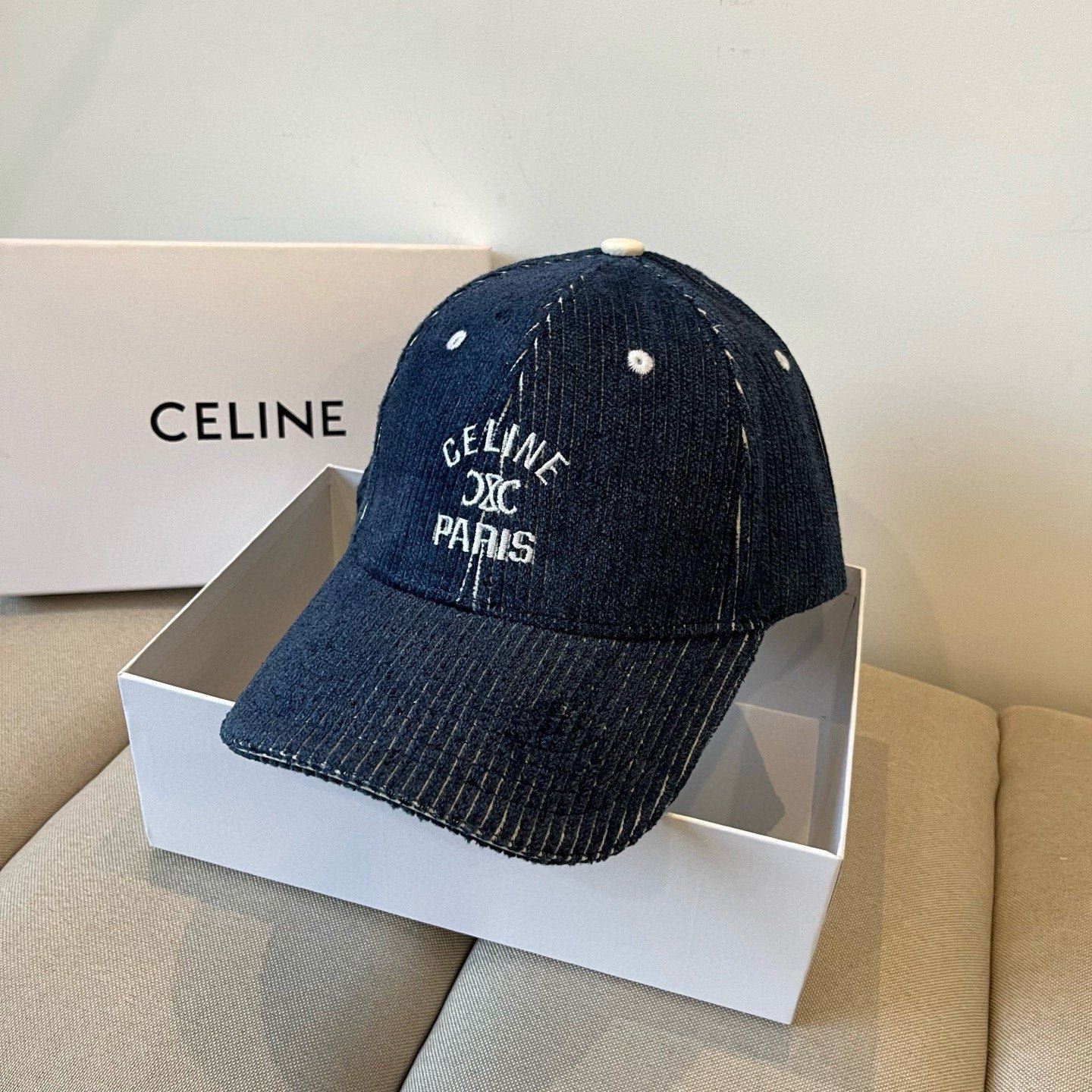 Celine Letter Navy Corduroy Baseball Cap