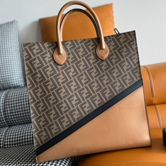 Fendi 38 Camel Brown Calfskin Monogram Tote